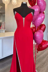 Red Beaded Strapless Mermaid Long Formal Dress with Slit