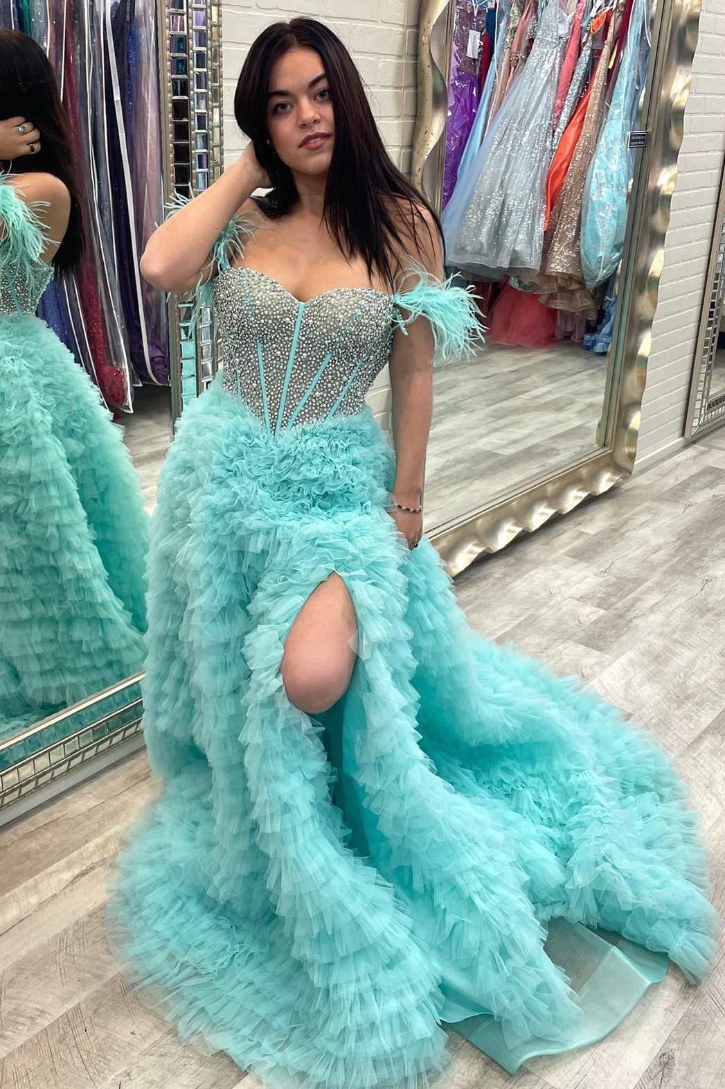 Light Blue Beaded Feather Off-the-Shoulder Tiered Long Prom Dress