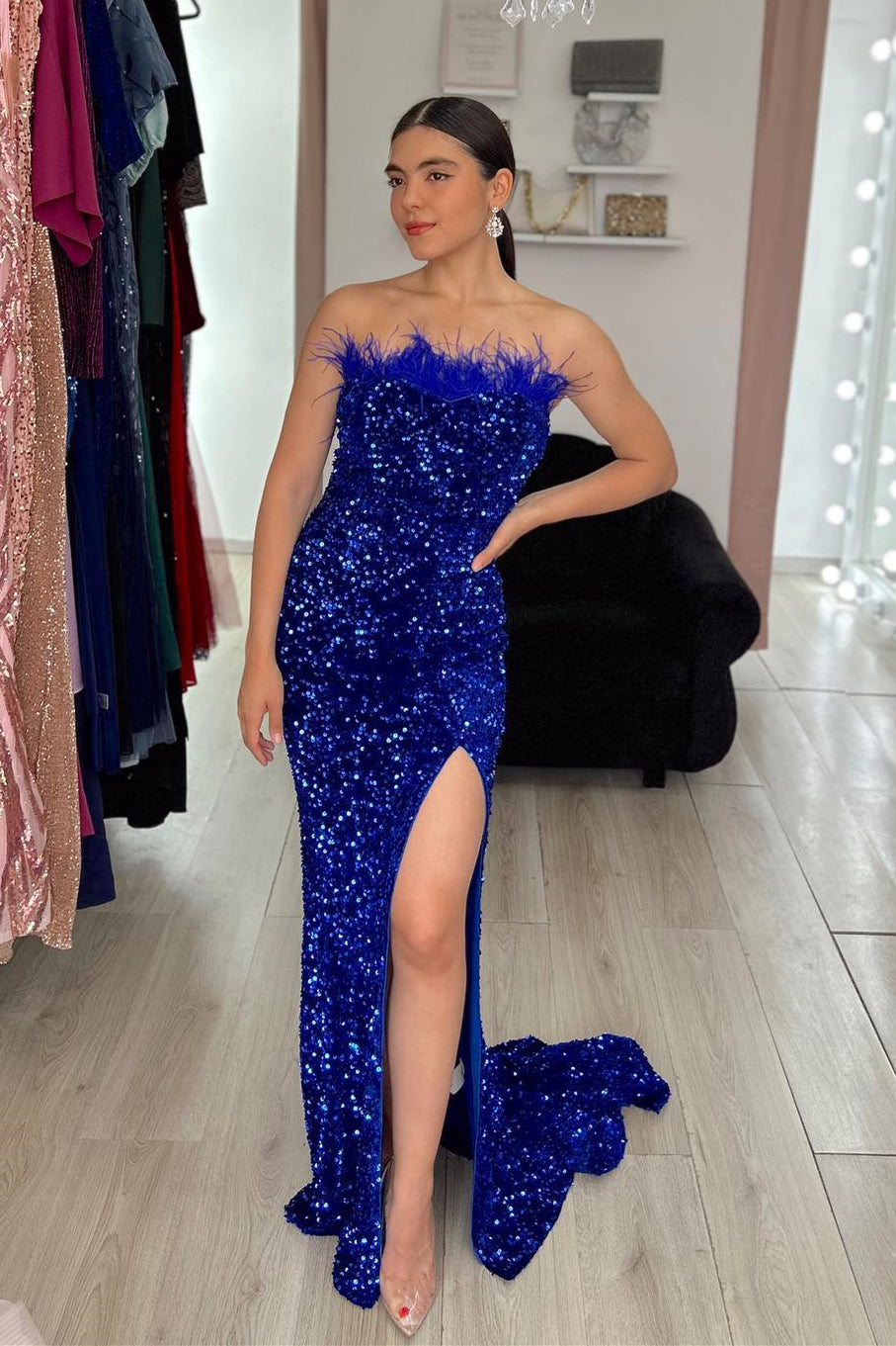 Royal Blue Mermaid Sequins Strapless Feathers Long Prom Dress with Slit