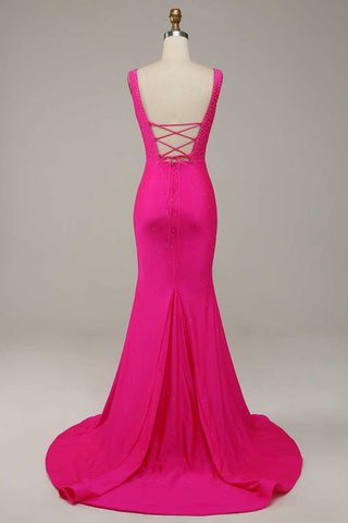 Hot Pink Beaded V-Neck Lace-Up Mermaid Long Formal Dress