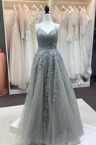 Grey A-line Lace-Up Back Appliques Beaded Tulle Long Prom Dress