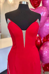 Red Beaded Strapless Mermaid Long Formal Dress with Slit