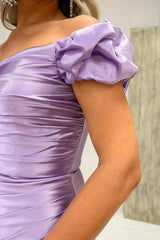 Lilac Off-Shoulder Mermaid Satin Pleated Long Prom Dress with Slit