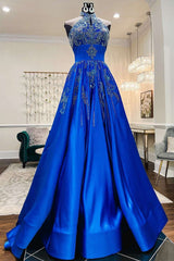 Royal Blue Satin Beaded Halter A-Line Prom Gown