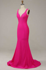 Hot Pink Beaded V-Neck Lace-Up Mermaid Long Formal Dress