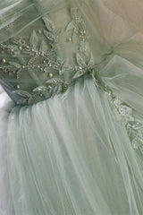 Mint Green Tulle Off-the-Shoulder Beaded Ball Gown