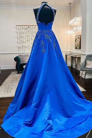 Royal Blue Satin Beaded Halter A-Line Prom Gown