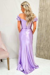 Lilac Off-Shoulder Mermaid Satin Pleated Long Prom Dress with Slit