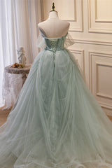 Mint Green Tulle Off-the-Shoulder Beaded Ball Gown