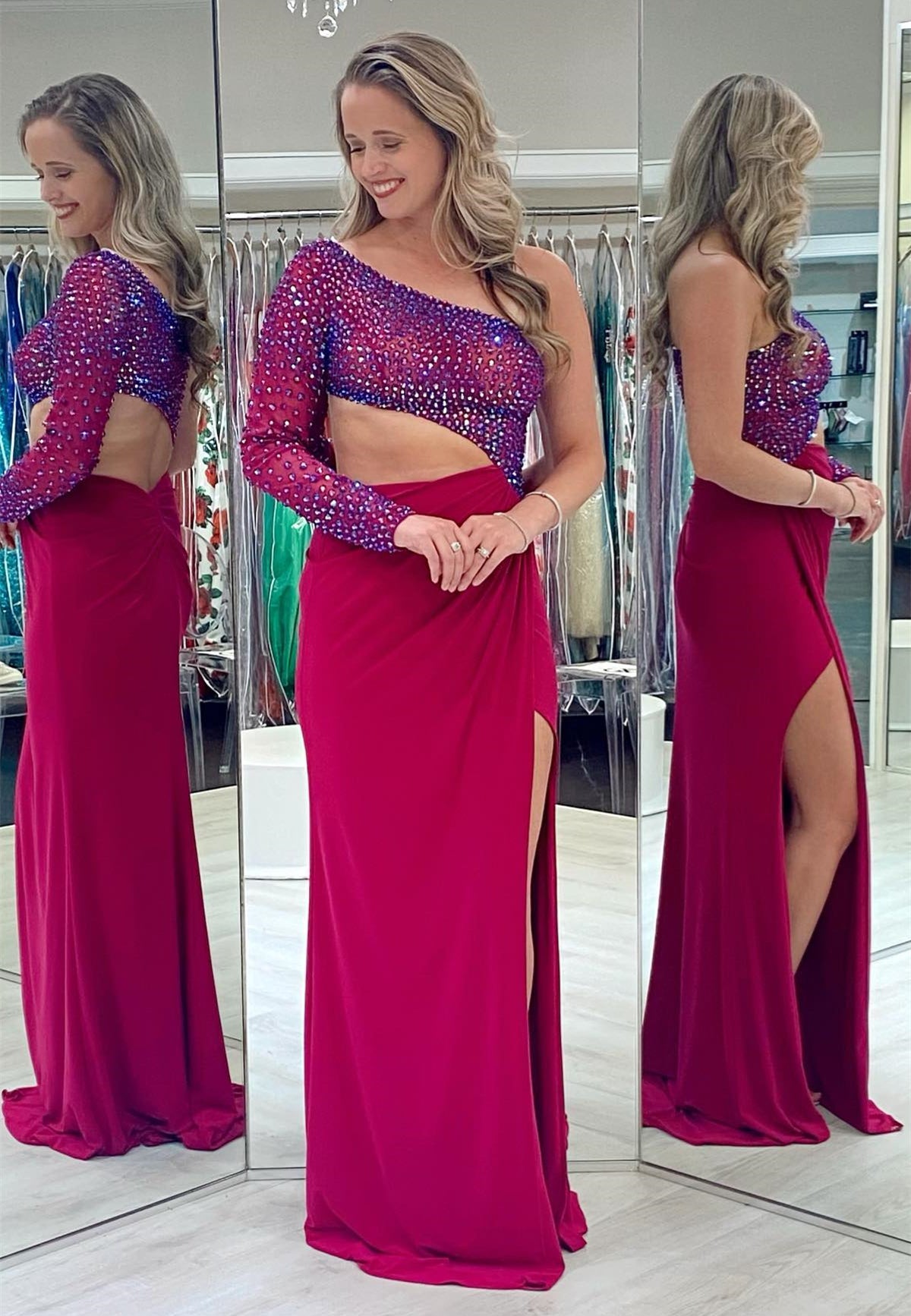 Fuchsia Mermiad One Shoulder Sleeve Beaded Cut-Out Long Prom Gown