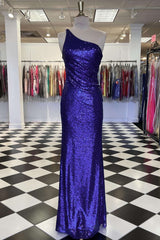 Purple Sequin One-Shoulder Long Prom Dress