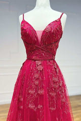 Red Appliques V-Neck A-Line Long Prom Dress