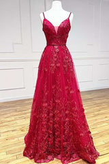 Red Appliques V-Neck A-Line Long Prom Dress