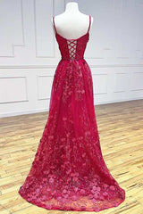 Red Appliques V-Neck A-Line Long Prom Dress