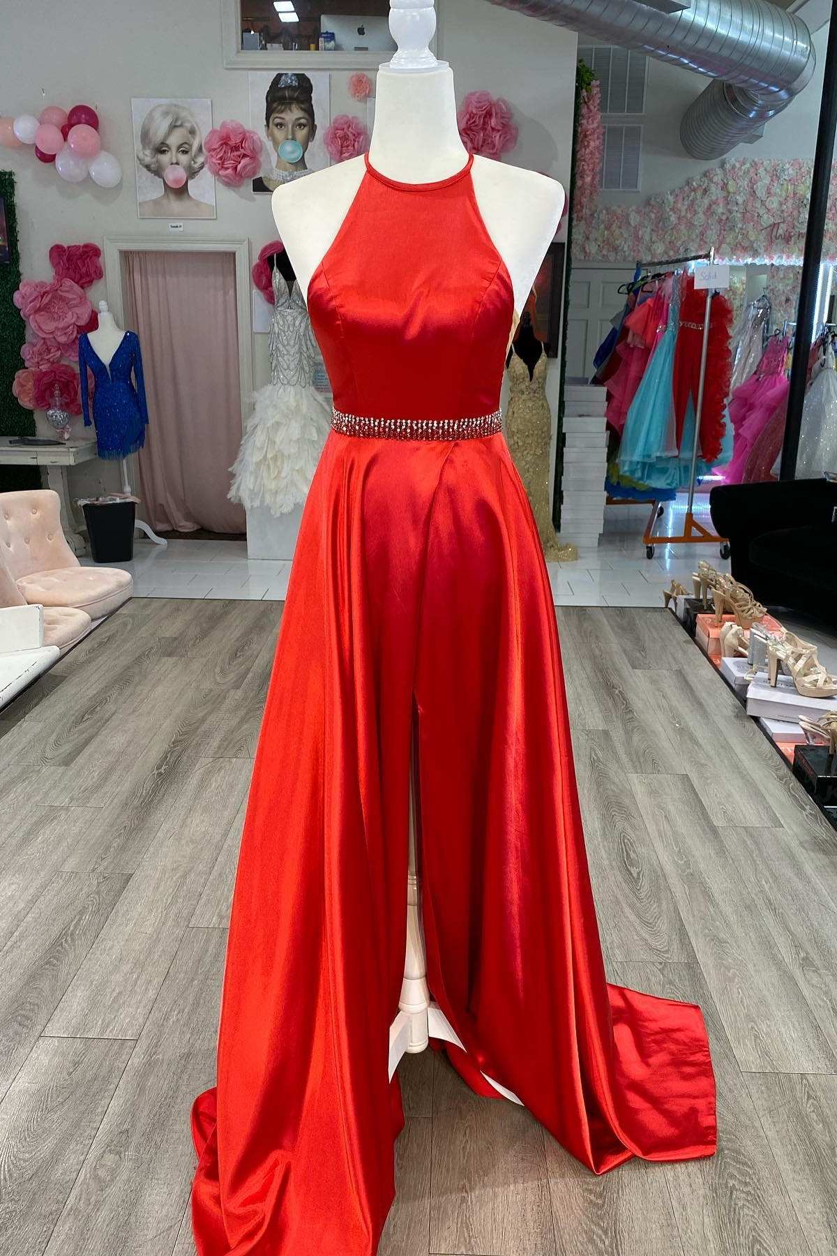 Red Halter Belted A-Line Prom Dress with Slit