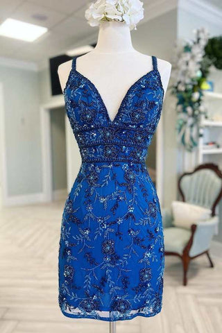 Blue Floral Lace Beaded Lace-Up Back Cocktail Dress