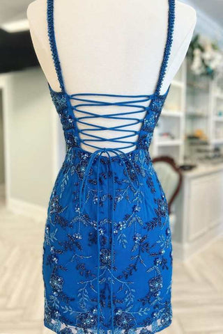 Blaues Cocktailkleid mit Blumenspitze und Perlenschnürung am Rücken