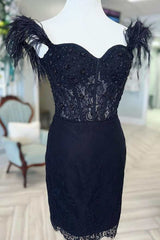 Black Lace Feather Sweetheart Short Homecoming Dress