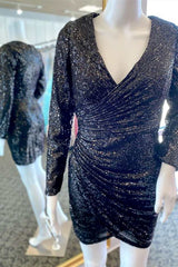 Black Sequin Surplice Long Sleeves Short Party Dress