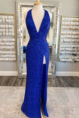 Royal Blue Sequin Halter Long Pageant Dress with Attached Train