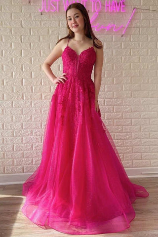 Fuchsia A-line Deep V Neck Applique Tulle Long Prom Gown