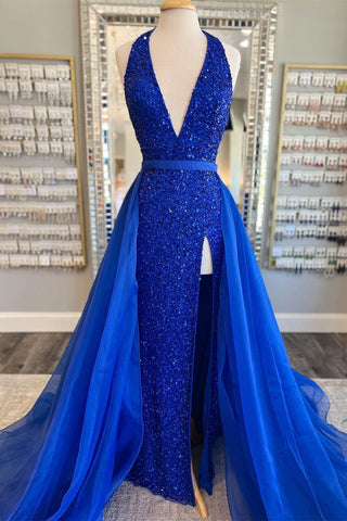 Royal Blue Sequin Halter Long Pageant Dress with Attached Train