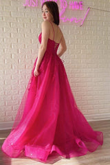 Fuchsia A-line Deep V Neck Applique Tulle Long Prom Gown