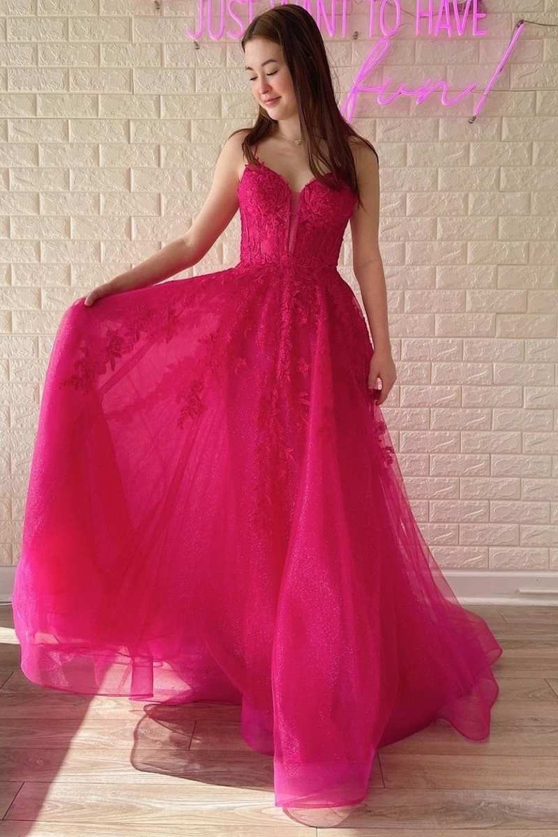 Fuchsia A-line Deep V Neck Applique Tulle Long Prom Gown