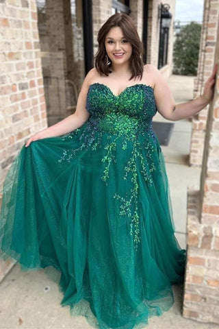 Peacock Green A-line Strapless Sequins Lace-Up Back Tulle Long Prom Gown
