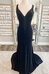 Black Velvet Beaded Cutout Back Mermaid Long Prom Dress