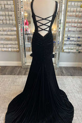 Black Velvet Beaded Cutout Back Mermaid Long Prom Dress