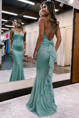 Aqua Bow-Back Ruffles Mermaid Long Prom Dress