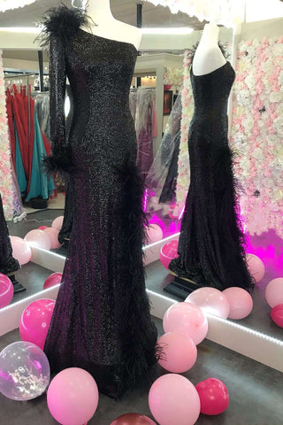 Black Sequin Feather One-Sleeve Mermaid Long Prom Dress