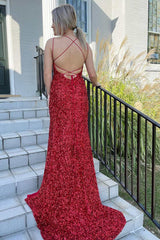 Red Sequin Lace-Up Back Mermaid Long Prom Dress with Slit