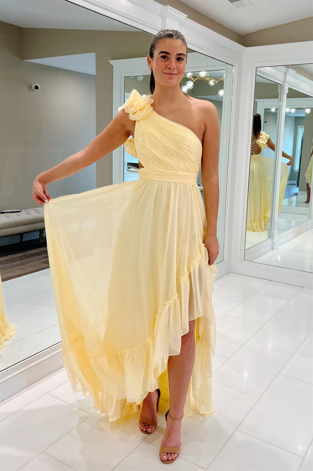 Light Yellow A-line One Shoulder Lace-Up Pleated Ruffle Hi-Low Prom Dress