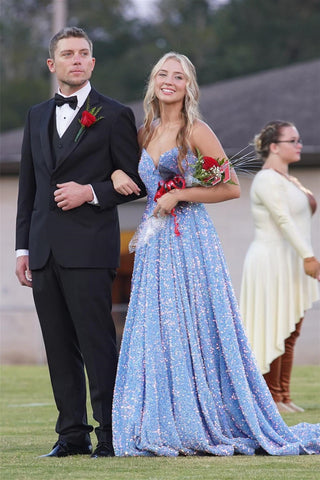 Lavender V Neck Strapless Sequins A-line Long Prom Dress