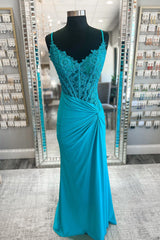 Jade Mermaid V Neck Beaded Appliques Satin Long Prom Dress