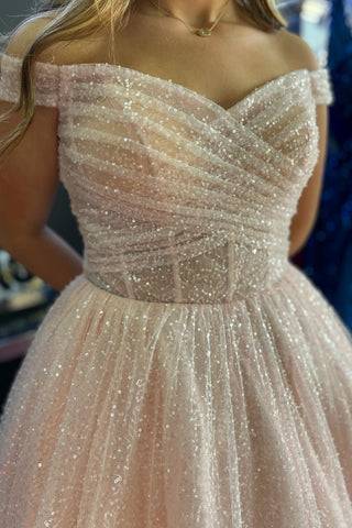 Sparkly Blush Pink Off-the-Shoulder Surplice Long Prom Dress