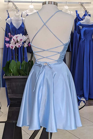 Light Blue Lace-Up Back Short Party Dress