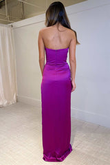 Purple Strapless Ruched Long Formal Dress with Slit