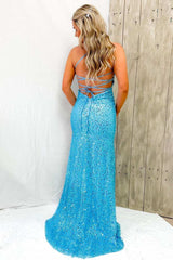 Blue V Neck Mermaid Sequins Lace-Up Back Long Prom Dress with Slit