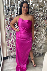 Purple Strapless Ruched Long Formal Dress with Slit