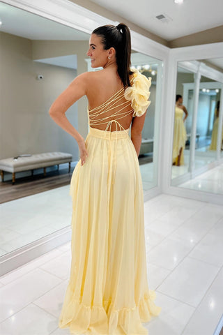 Light Yellow A-line One Shoulder Lace-Up Pleated Ruffle Hi-Low Prom Dress