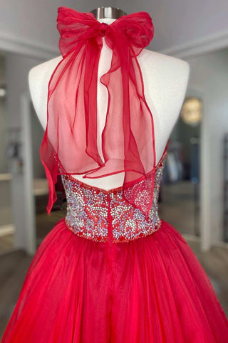 Red Organza Beaded Halter Open Back A-Line Formal Dress