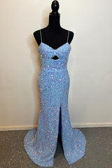 Mermaid Spaghetti Straps Cut-Out Sequins Long Prom Gown with Slit