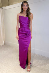 Purple Strapless Ruched Long Formal Dress with Slit