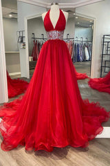 Red Organza Beaded Halter Open Back A-Line Formal Dress