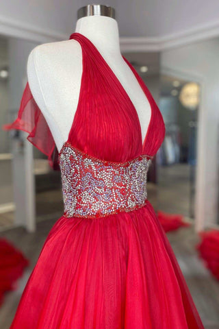 Red Organza Beaded Halter Open Back A-Line Formal Dress