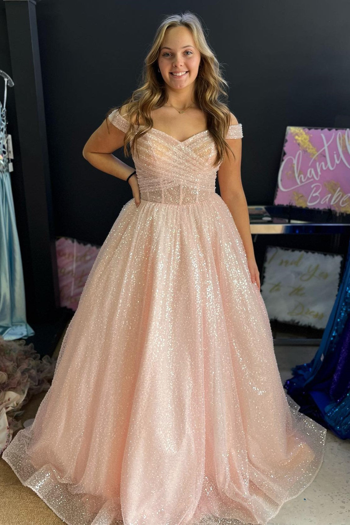 Sparkly Blush Pink Off-the-Shoulder Surplice Long Prom Dress