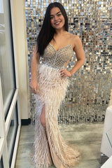 Champagne Beaded Feather Long Prom Dress with Slit